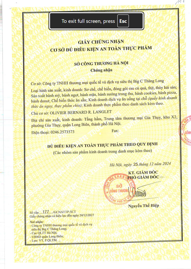 CÔNG TY TNHH THƯƠNG MẠI QUỐC TẾ VÀ DỊCH VỤ SIÊU THỊ BIG C THĂNG LONG